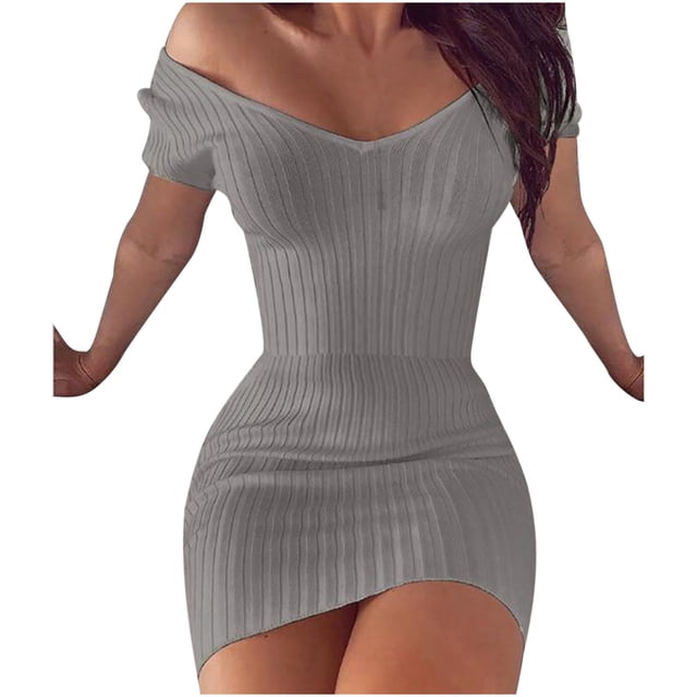 Vestido de manga corta delgado de color sólido con cuello en V y temperamento sexy para mujer Fridja qw3689