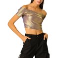 thumbnail image 5 of Unique Bargains Women's Off Shoulder Party Club Shiny Metallic Crop Top L Champagne, 5 of 6