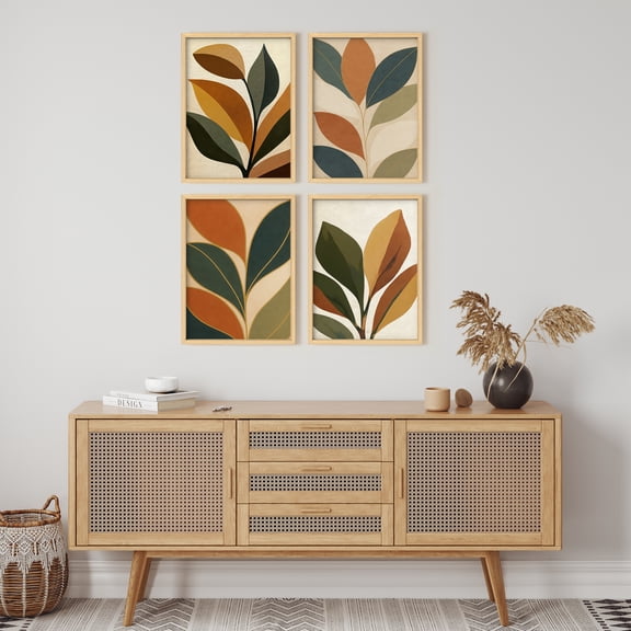 Framed Print Wall Art Set of 4 - Abstract Floral Botanical Poster Art - 4 Pieces Colorful Leaves Modern Wall Decor for Living Room - 12"x16"x4 NATURAL
