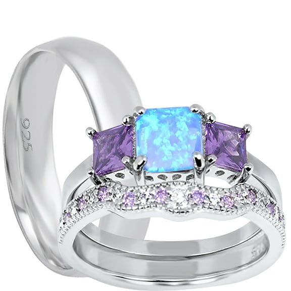 LaRaso & Co His Her Wedding Ring Set Lab Opal Silver Bride Groom Wedding Band Set 5/9