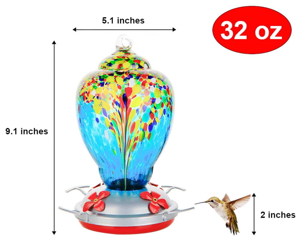 Hummingbird Feeder For Outdoors Patio Large 32 Ounces Colorful Hand Blown Glass With Ant Moat Hanging Hook  Rope Brush And Service Card (blue-white)
