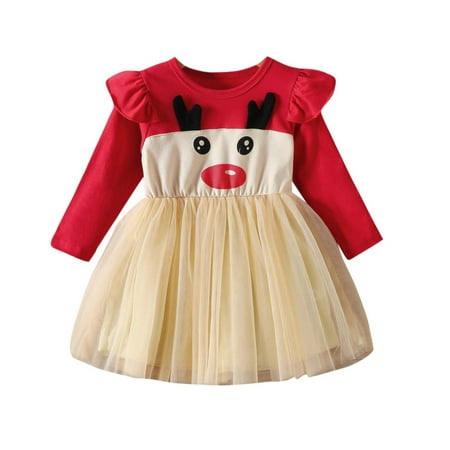 

2023 Summer Savings Girls Dress PEZHADA Christmas Day Children s Dress Baby Girls Mesh Dress Little Deer Long Sleeve Princess Dress Red 3-4 Years