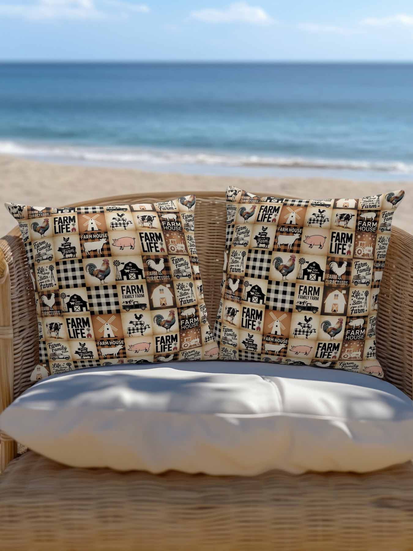 Outdoor Pillows Waterproof, Farmhouse Checkered Bedding Throw Pillows with Insert for Couch Sofa Bed, Rustic Retro Farm Life Assembling 18x18 Inch Pillowcases Decorative Patio Pillow Set of 2