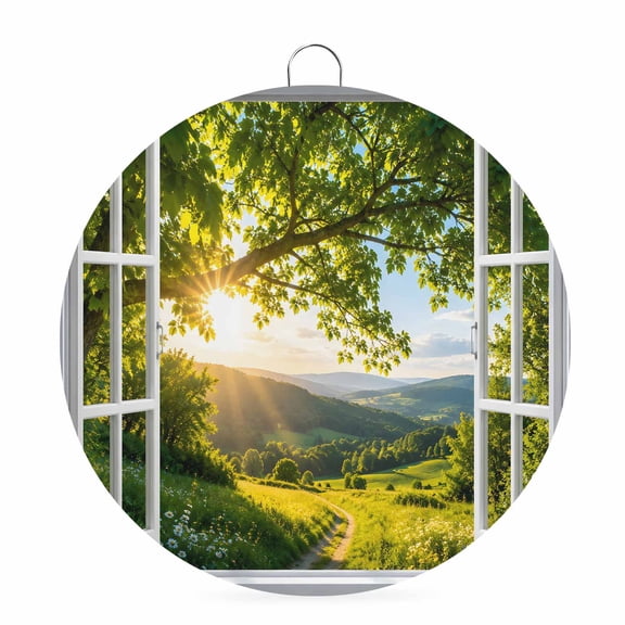 Welcome Sign for Front Door, Fall Leaves Round Metal Wall Art Wreaths, Green Tree Leaves Landscape Farmhouse Scenery Outdoor Indoor Wall Hanging Sign for Porch Decor Housewarming Gifts 5.9 Inch