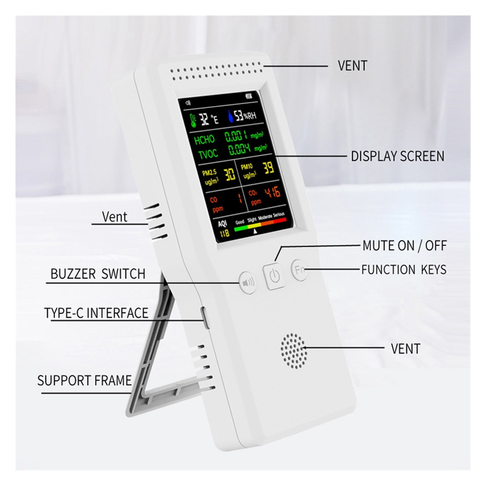 9 In 1 Air Quality Detector LCD Display PM2.5 PM10 HCHO TVOC CO CO2 Temperature Humidity Multifunctional Air Quality Monitor ,Easy to Use
