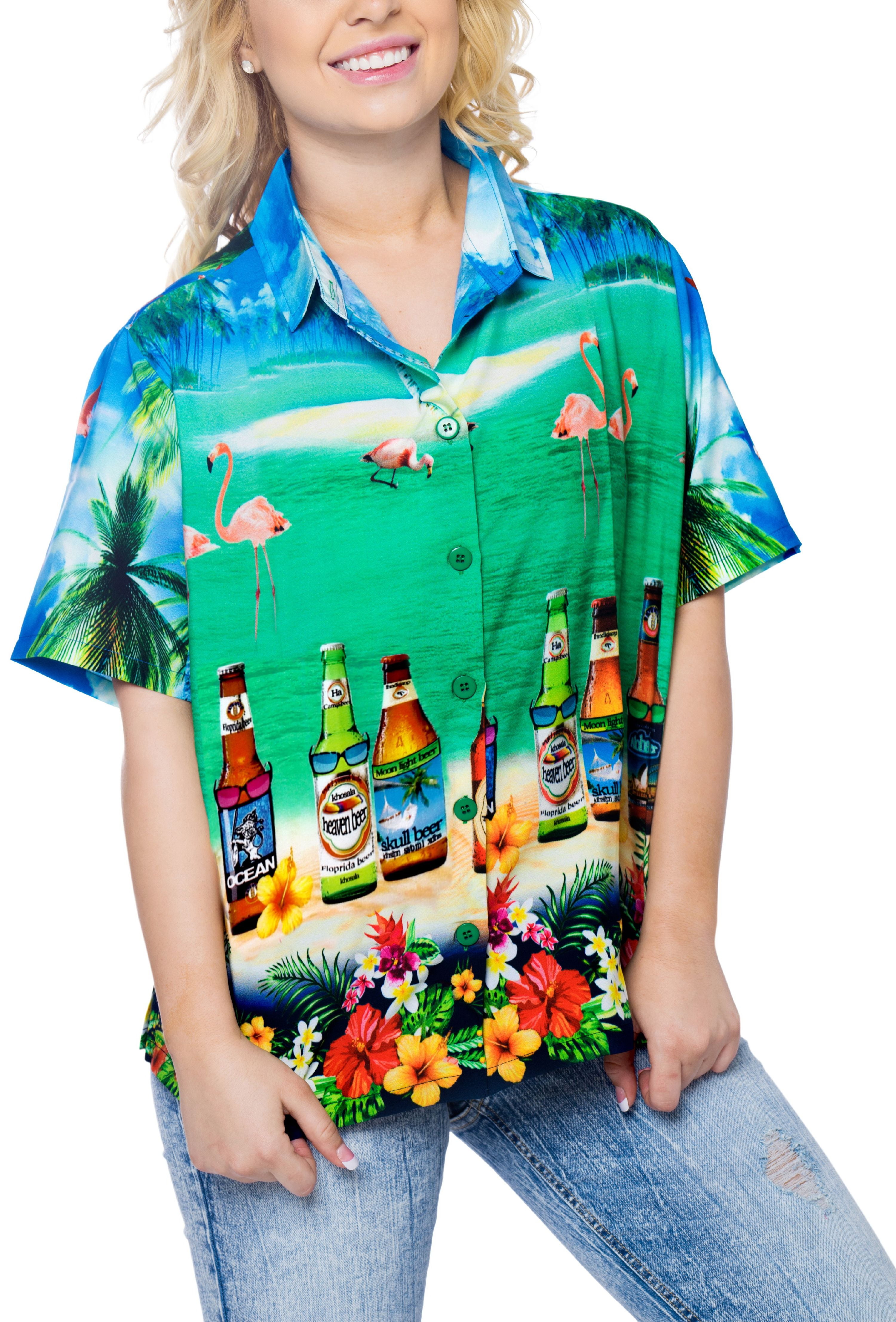 LA LEELA Womens Hawaiian Blouse Shirt Swim Short Sleeves Loose Fit 3D Printed 