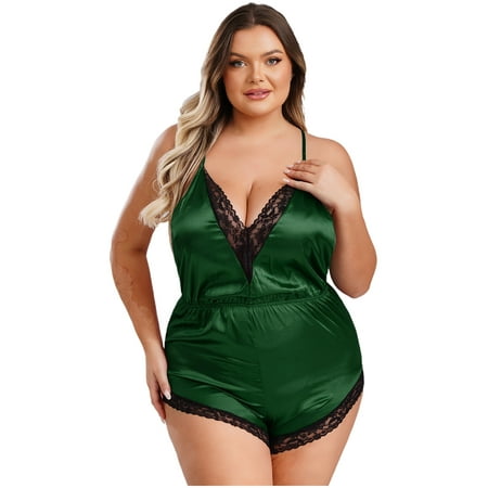 Sxiwei Women Plus Size Satin Pajamas Spaghetti Strap Lace Trim Rompers Babydoll Lingerie Sleepwear Green XL