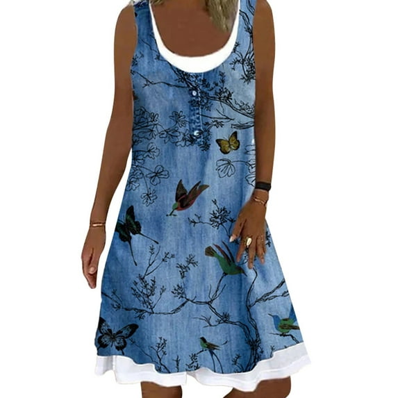 Haite Women Scoop Neck Floral Print Shift Sundress Baggy Solid Color Tank Dresses Work Bird Printed Sleeveless Tunic Midi Dress