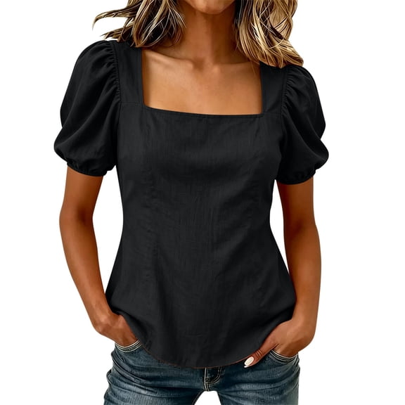 CHGBMOK Womens Summer Peplum Tops Sqaure Neck Ruffle Sleeve Blouses Fit Flowy Shirts Solid Casual Tees