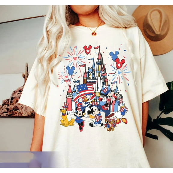 Mickey and Friends Disney Castle Happy 4th of July T-Shirt, Disney Independence Day Washed Tee, Patriotic USA, American Freedom