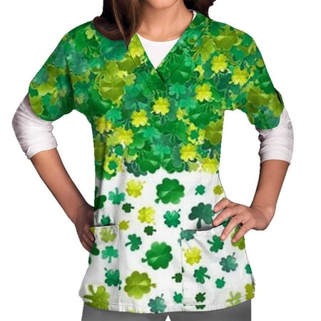 

CYMMPU Women s V-Neck Pocketed Scrub_Tops Nurse Workwear Uniform Clearance Going out Tops Summer Tees Short Sleeve Shirts Trendy St. Patrick s Day Tunic Green Clover Graphic Fashion Tshirts Green XL