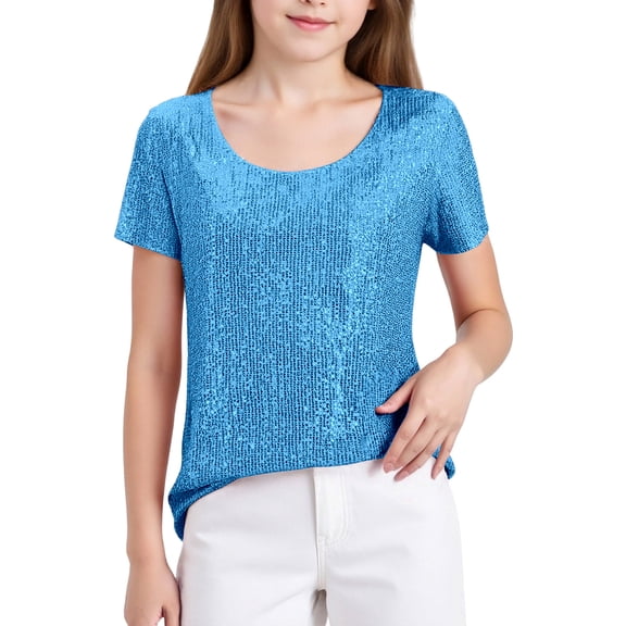 And Shine Girls Short Sleeve Tee Shirt Glitter Sequin Round Neck Casual Top For Summer Season