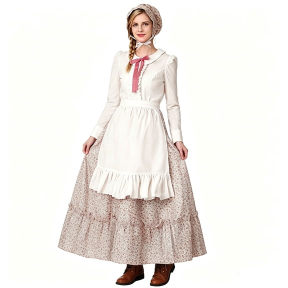 Women Prairie Farm Costume, Vintage Colonial Dress with Bonnet Headscarf and Apron, Halloween Cosplay Outfit