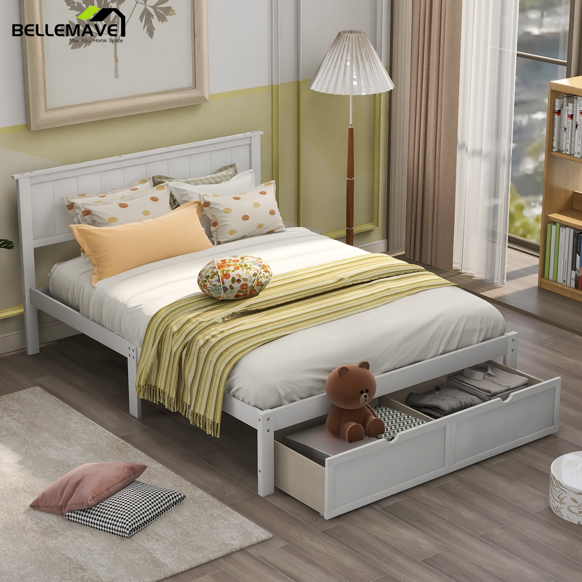 Bellemave Full Size Bed Frame with Storage Drawers, Full Wood Platform Bed with Headboard for Kids, Teens & Adults (White)