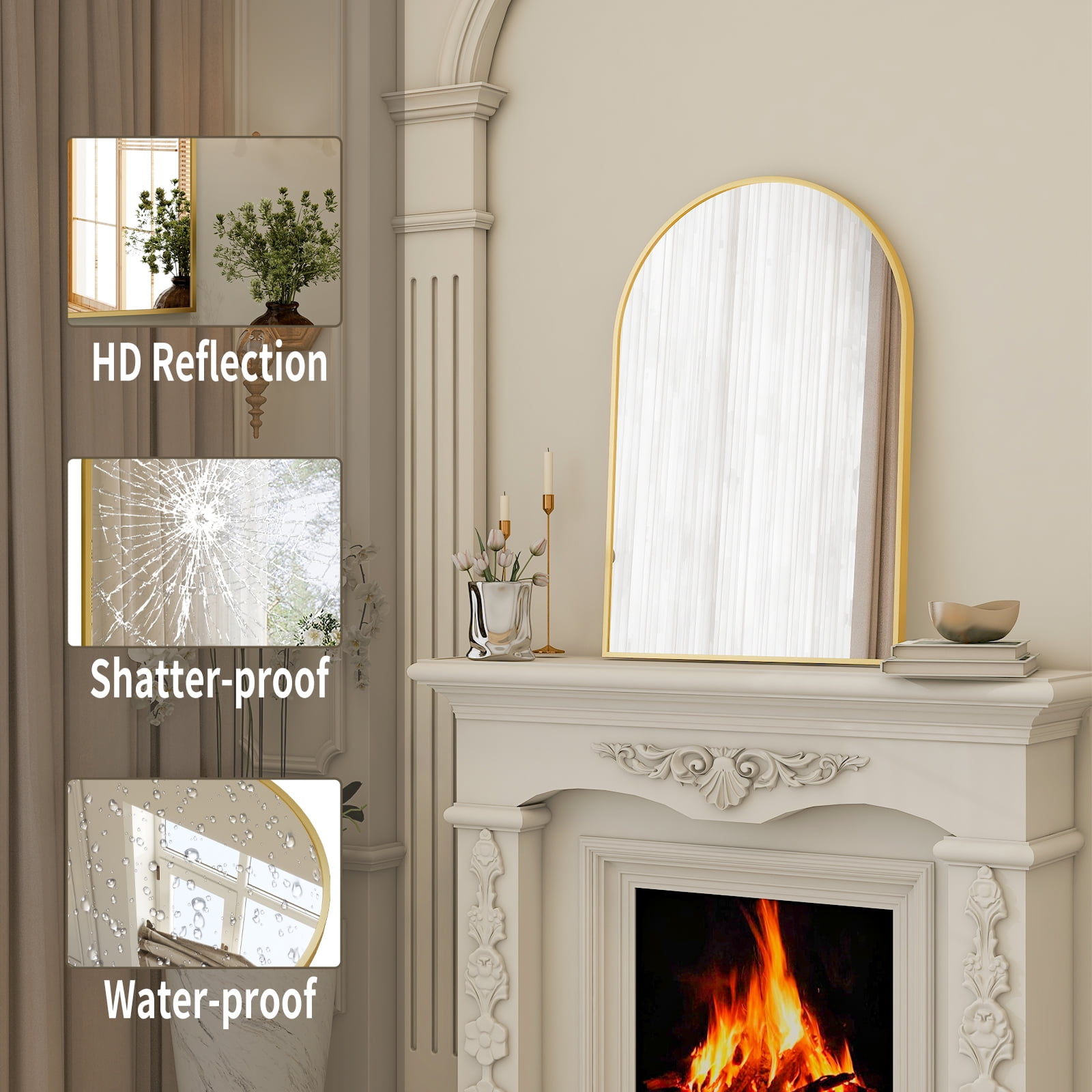 BEAUTYPEAK 20"x 30" Bathroom Mirror Wall Vanity Arched Mirror, Gold, Crown Shape