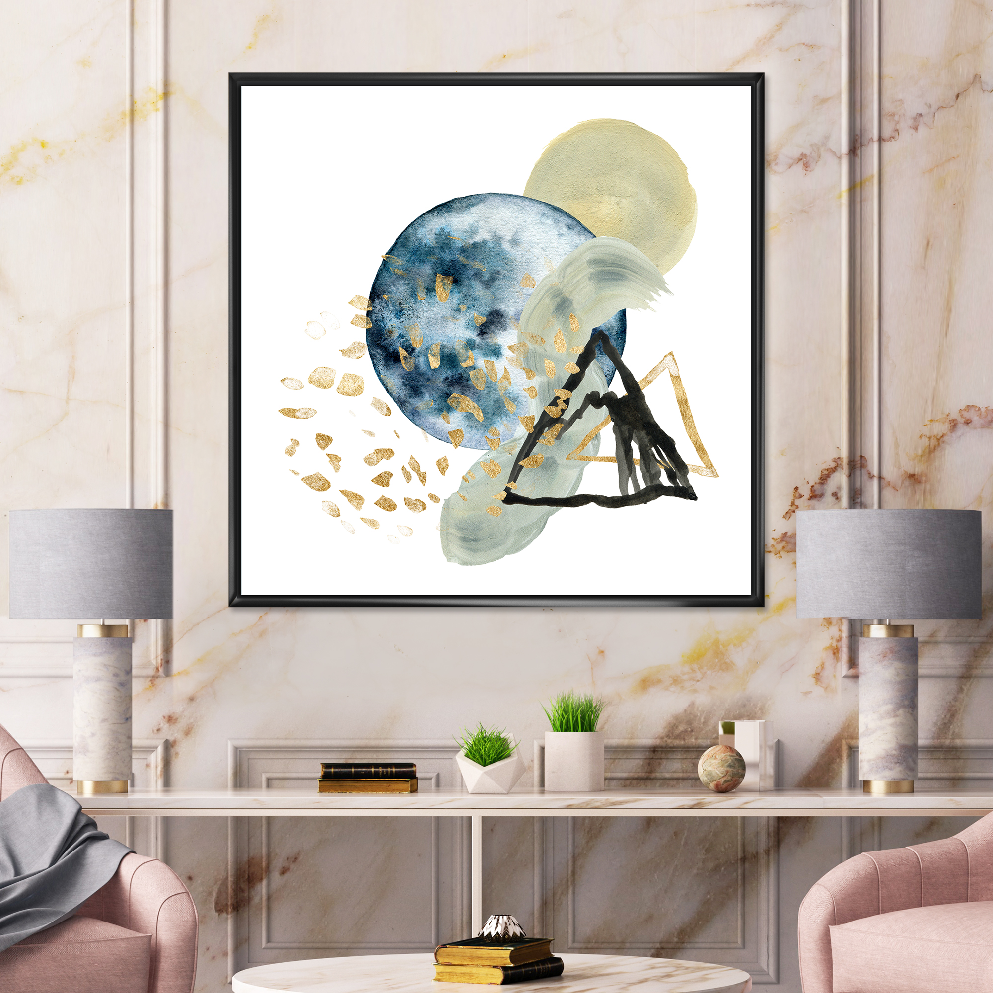 Minimalistic Landscape of Moon With Mountains II 30 in x 30 in Framed Painting Canvas Art Print, by Designart