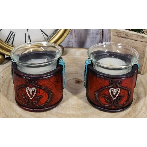 Set Of 2 Western Cowgirl Love Heart Scrollwork Faux Leather Votive Candle Holder