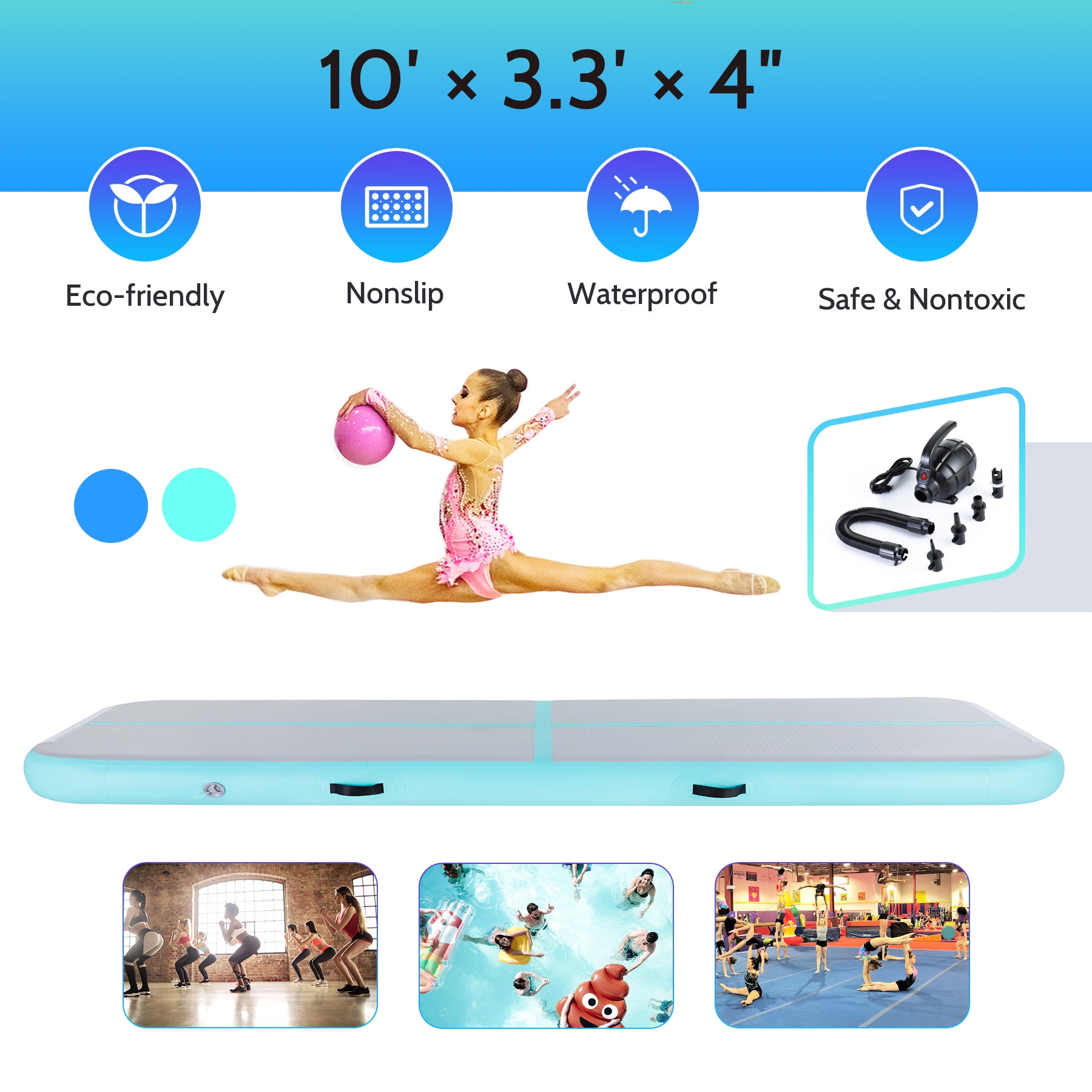 10ft Air Track Gymnastics and Yoga Mat for Home Gym and Outdoors, Mint