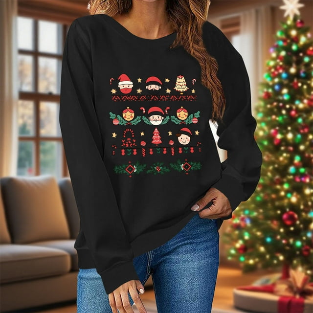 BEFOKA Chandail en Molleton Surdimensionné Manches Longues Décontracté Chemises de Noël pour Femmes Col Rond Imprimé Dessin Animé Ample