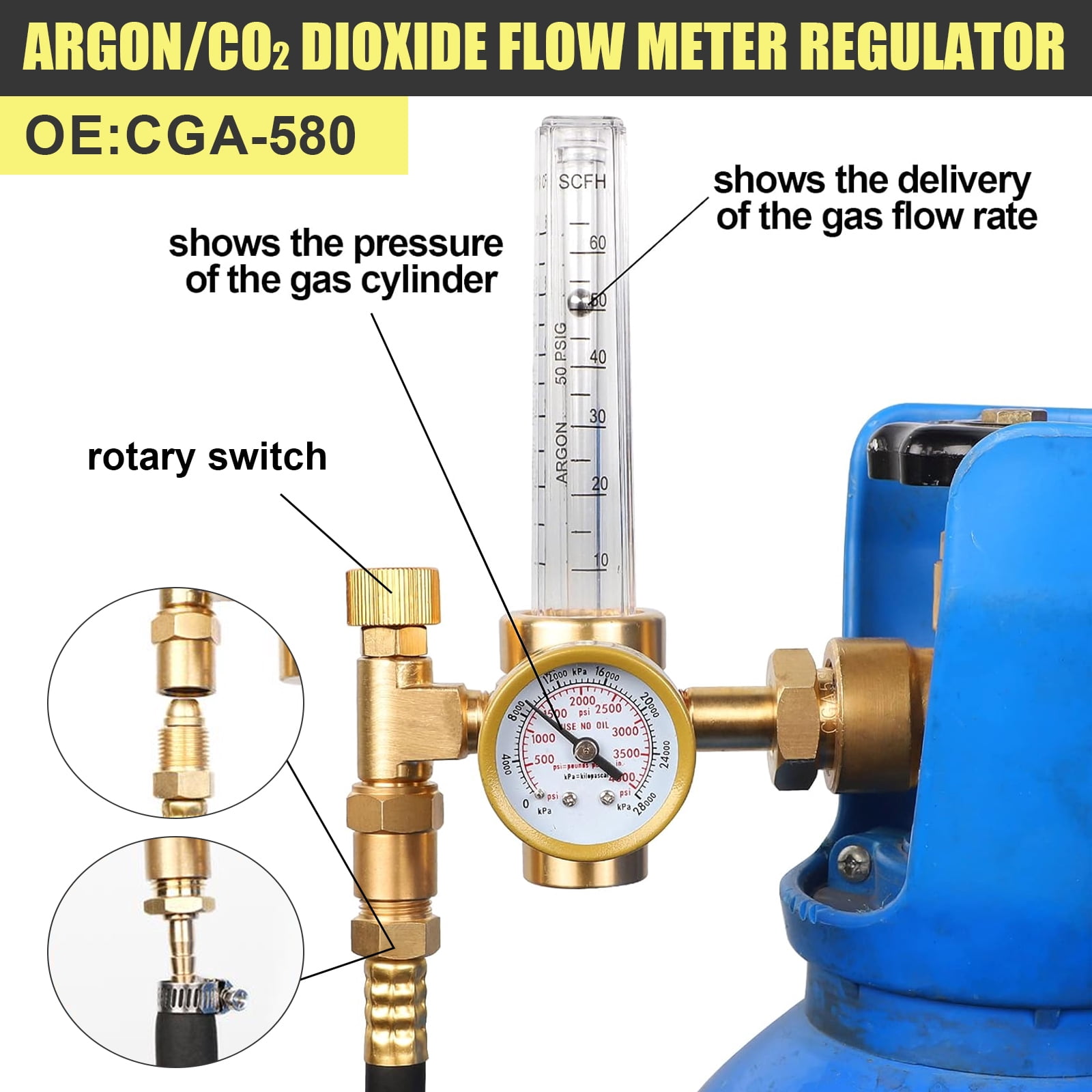 Audessy Welding Gas Regulator Flow Meter with Gas Hose, Leak-Proof Argon CO2 Pressure Gauge with Universal Multi-Interface, Suitable for MIG TIG Welding Machines