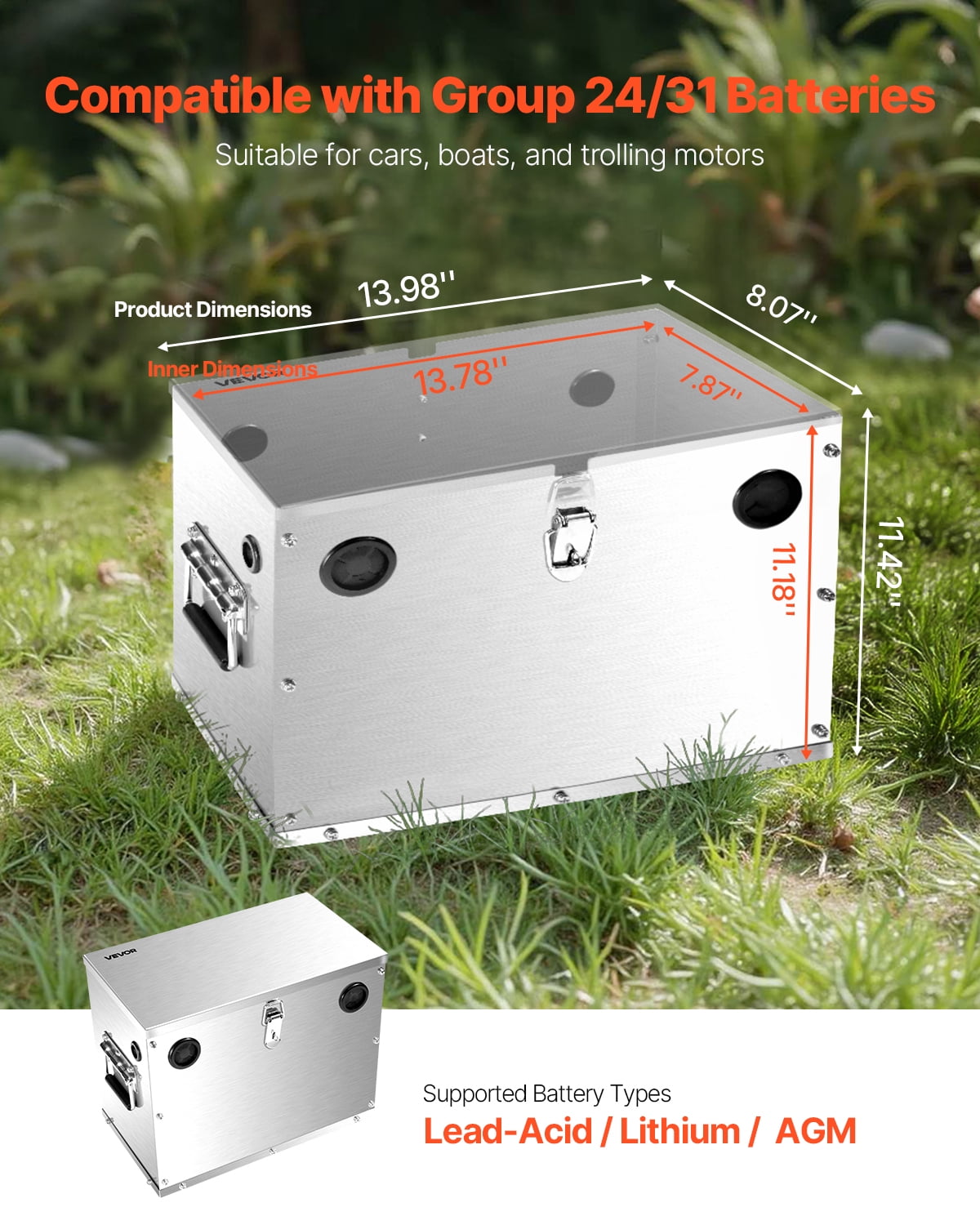VEVOR Battery Box, Group 24/31 Trolling Motor Battery Box, Marine Batteries Case with Lock, Handles and Rubber-Grommet Cable Holes, Stainless Steel Shell, Suitable for Cars, Boats & Trolling Motors