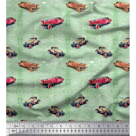 Soimoi Green Cotton Voile Fabric Text & Motor Vehicle Vintage Printed Fabric 1 Yard 42 Inch Wide