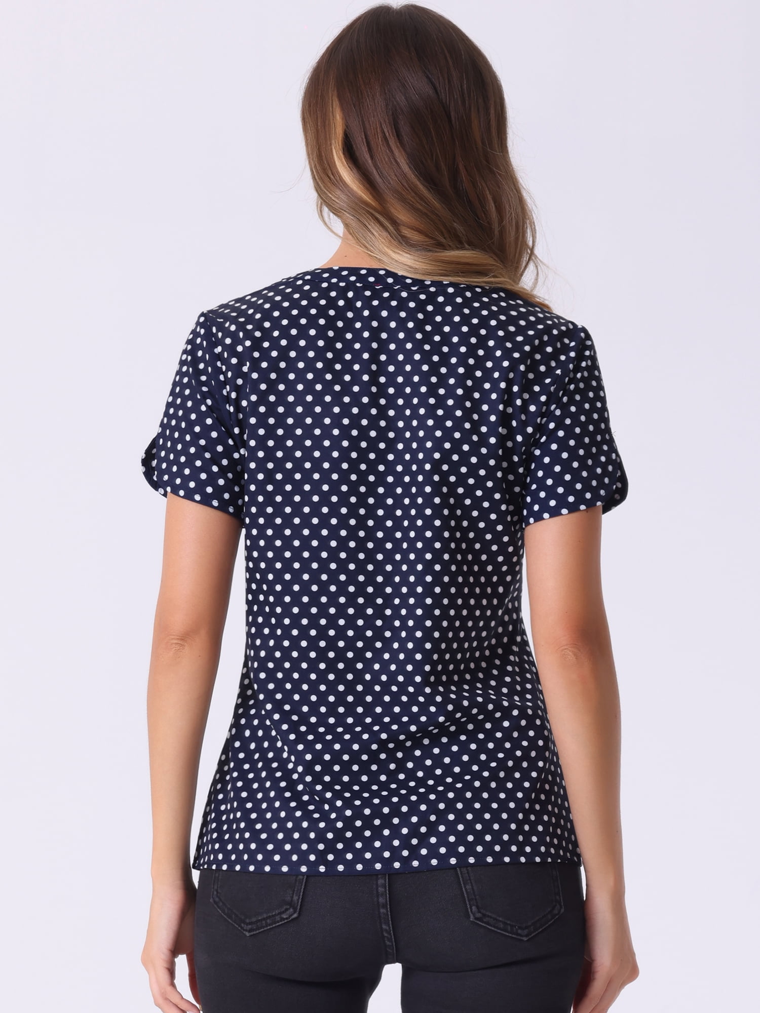 DARING DIVA V Neck Dots Printed Work Office Blouse Top S Dark Blue