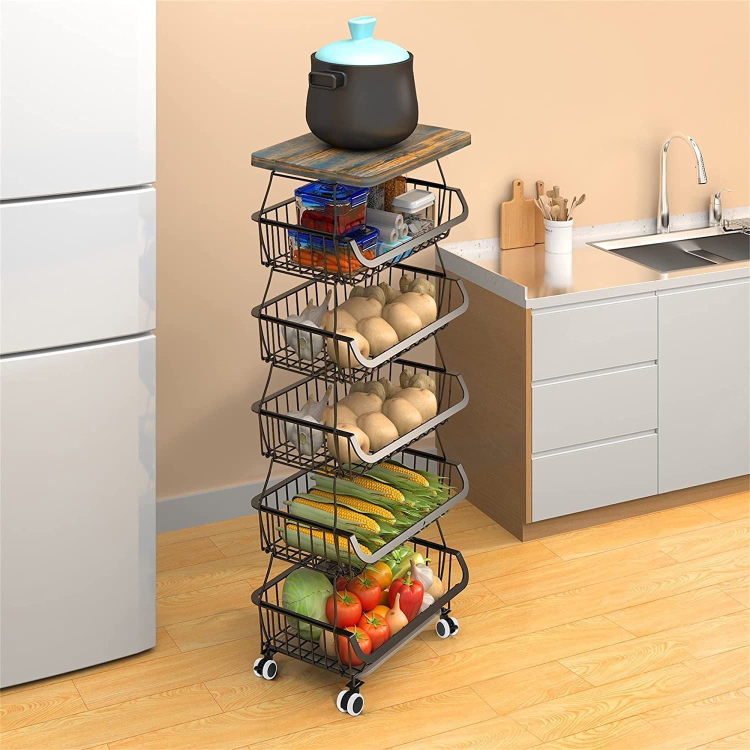 CoSoTower Fruit Vegetable Storage Basket For Kitchen - 4 Tier Stackable  Metal Wire Baskets Cart With Rolling Wheels Utility Fruits Rack Produce Snack  Organizer Bins 