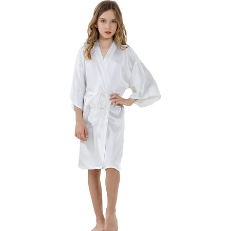 

ALHAVONE Girl s Kid s Silky Satin Solid Color Short Kimono Robe for Wedding Birthday Party Spa