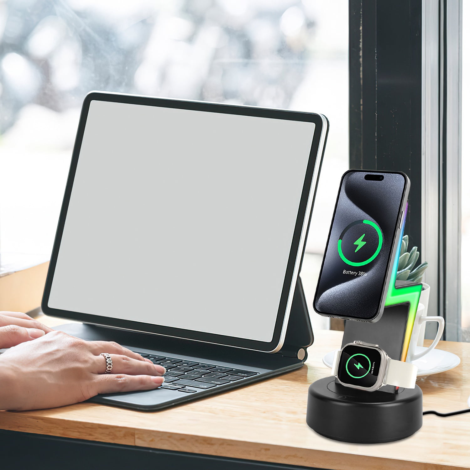 Teqhome 3 in 1 Wireless Charging Station with Magsafe Charger Portable Charger Stand Fit for IOS Phone 12-15 AirPods iWatches Black