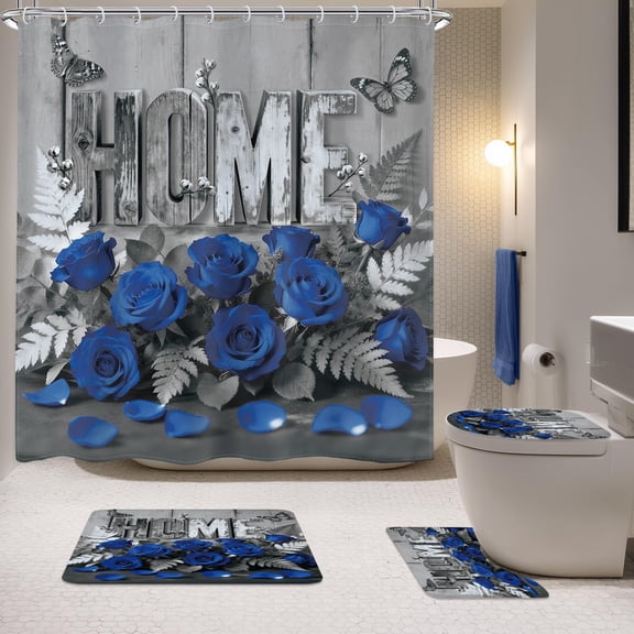 4 PCS Home Floral Shower Curtain Set with Rugs,Blue Roses Butterfly Wooden Plank Bathroom Sets with Rugs Shower Accessories-Toilet Lid Cover,Non-Slip Rugs and U-Shaped Mat for Bathroom Decor
