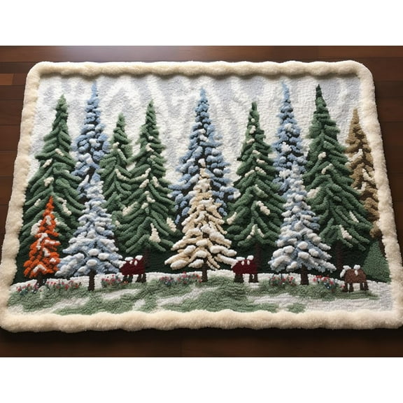 White Snow Christmas Pine Tree Latch Hook Rectangle Rug Kits for Adults Needle Crochet Yarn Kits Embroidery Carpet Hook and Latch Kit Floor Mat Tapestry Christmas Home Decoration 40x60cm(11)