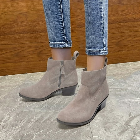 

TANGNADE Shoes Fashion Zipper Warm Women s Side Winter Toe Ankle Thick Round Heel Boots Women s Boots
