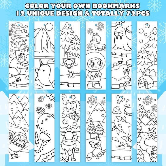 2ooya DIY Coloring Bookmarks,75Count Polar Animals Bookmarks for Winter Party Favors