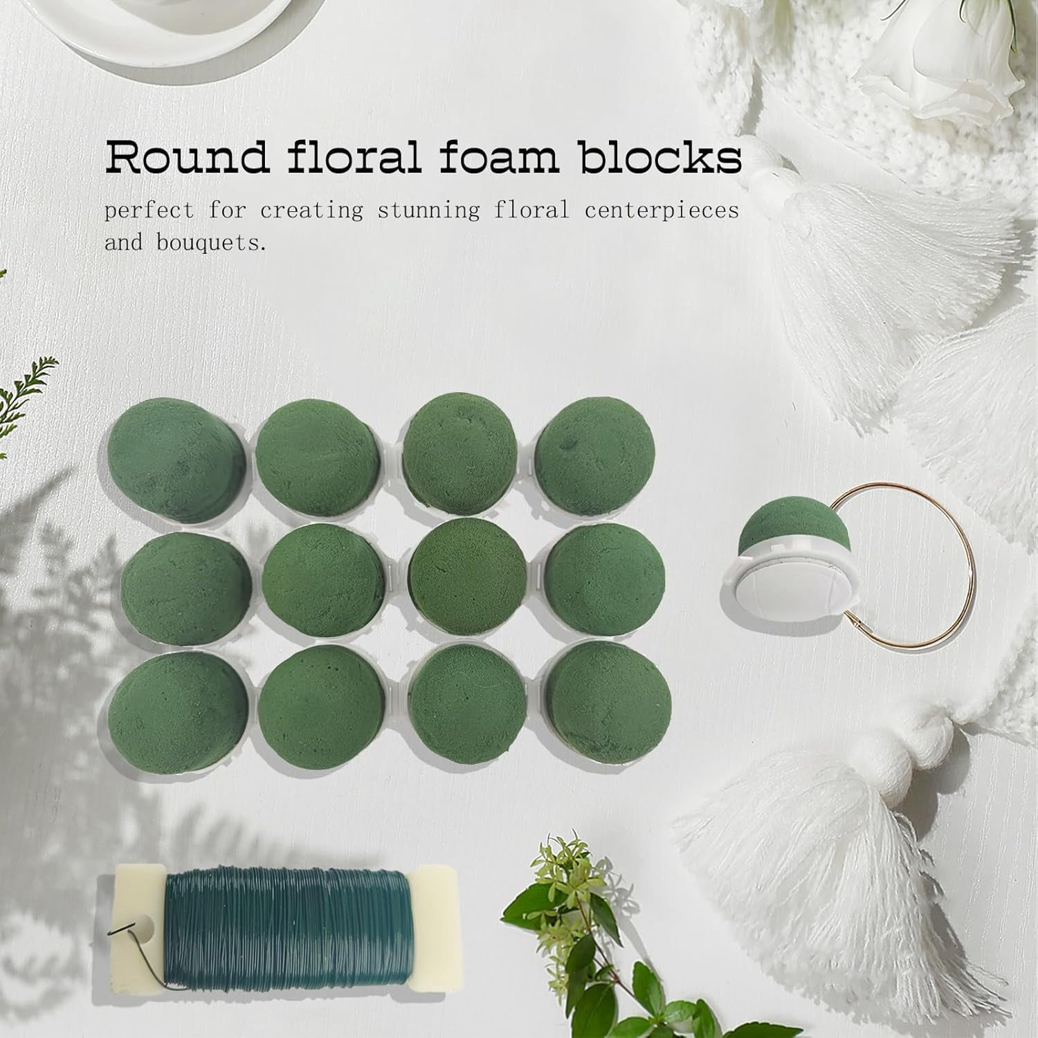 12 Pcs Mini Floral Foam Holder Floral Foam Round with 1 Roll Green Floral Wire Floral Foam Blocks for Table Wedding Wine Bottle Hat Décor