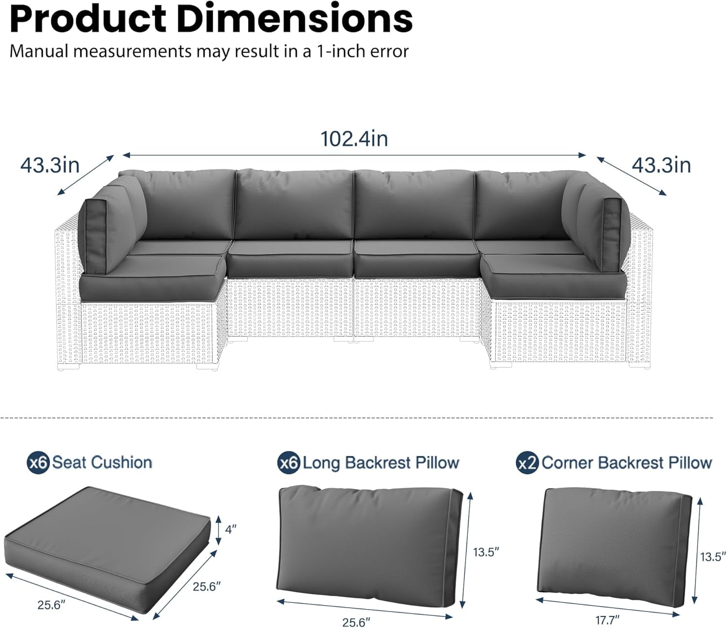 UDPATIO Outdoor Replacement Cushions for Patio Furniture, Waterproof Patio Cushions for 6-Seat Sectional Patio Conversation Sets, 14-Piece Outdoor Cushion Slipcovers Patio Sofa Cushions (Dark Blue)