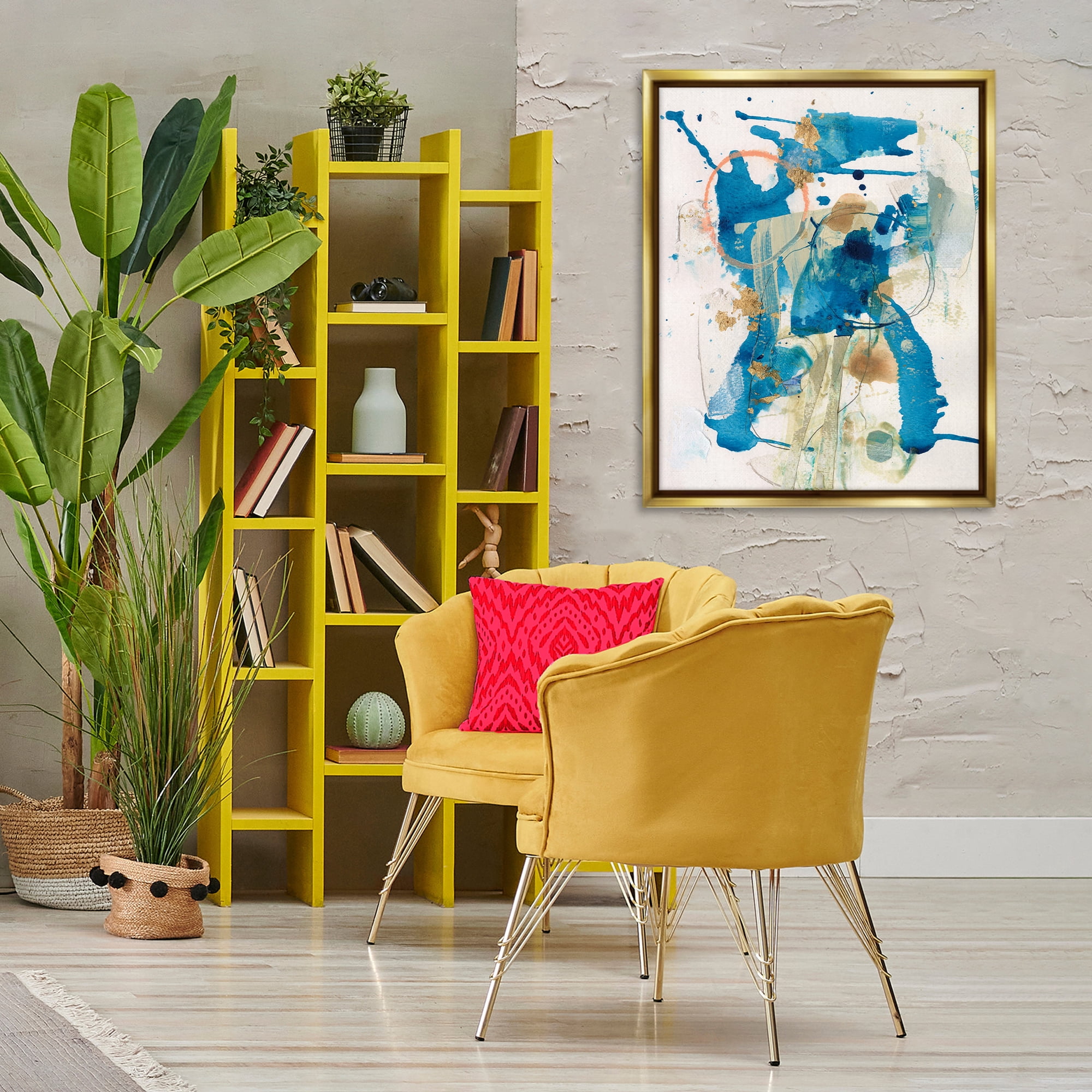 Stupell Industries Blue Chaotic Splash Abstract Painting Gold Floater Framed Canvas Art Print Wall Art, 25 x 31