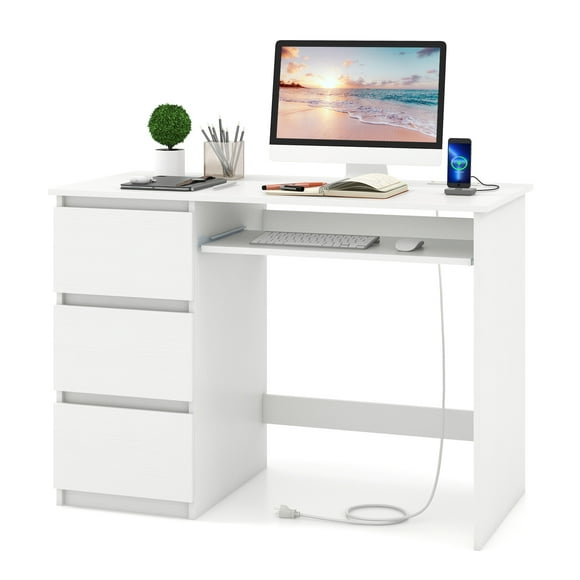 Costway Computer Desk with Built-in Charging Station USB & Type-C Ports Keyboard Tray & 3 Drawers White