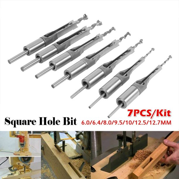 7pcs Square Hole Saw Auger Drill Bit Cut Mortising Chisel Woodworking