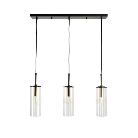 Kenroy Home Caulford 3-Light Adjustable Height Kitchen Island Light Fixture with Clear Glass Cylinder Shade for Kitchen Island, Dinning Room, Bedroom, Foyer, or Entryway, Black