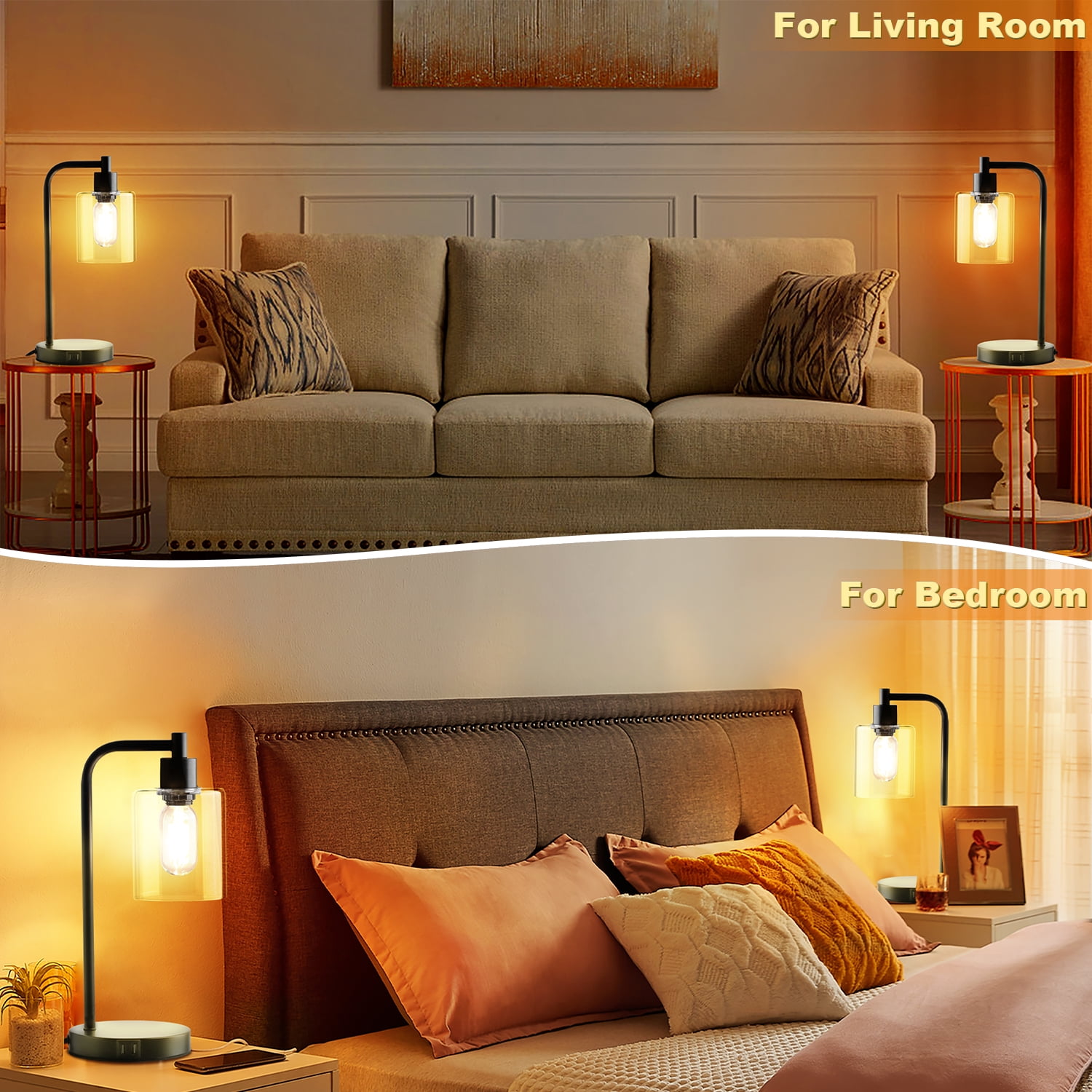 Walchoice Table Lamp Set of 2, Touch Control Desk Lamp with 2 USB Charging Ports, 3-Way Dimmable Nightstand Lamps with Glass Shade for Bedroom Living Room