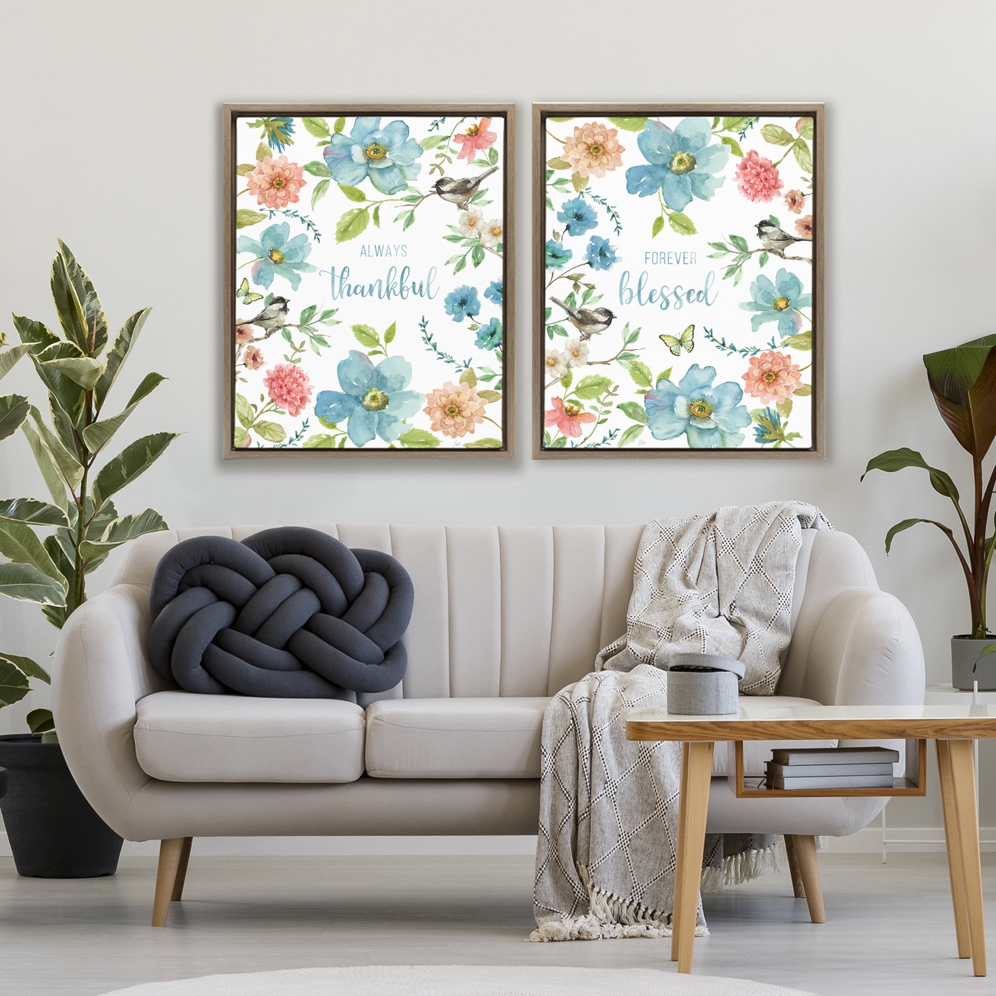 Stupell Industries Pink & Blue Gratitude Blooms 2 Piece Brown Framed Floater Canvas Set, design by Nan