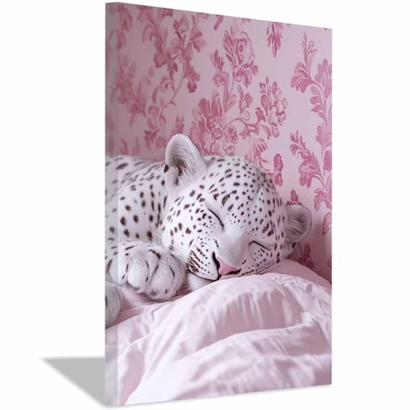 Mudket Framed Pink Leopard Canvas Wall Art, Cute Sleeping White Cheetah Print Wall Decor, Trendy Nursery Art Ready to Hang for Girls Bedroom - 12"L x 8"W