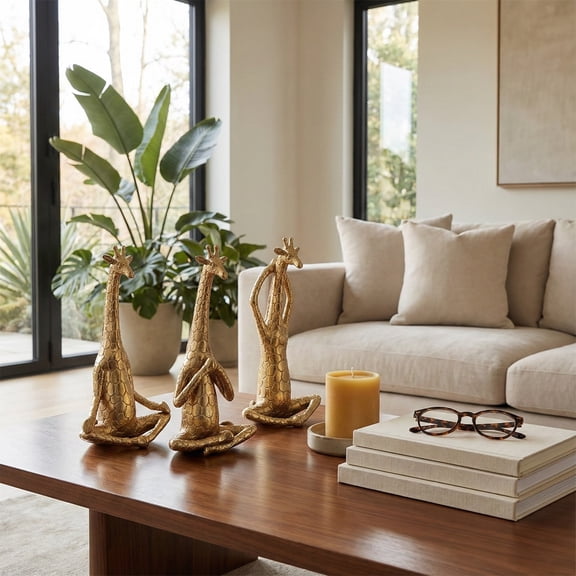 Decorative Yoga Giraffe Figurine for Home Decor - Sculptural Statues for Bathroom, Office, and Living Room - Ornaments Accent for Shelf, Bedroom, or Coffee Table - Set of 3, 12", Gold & Metallic