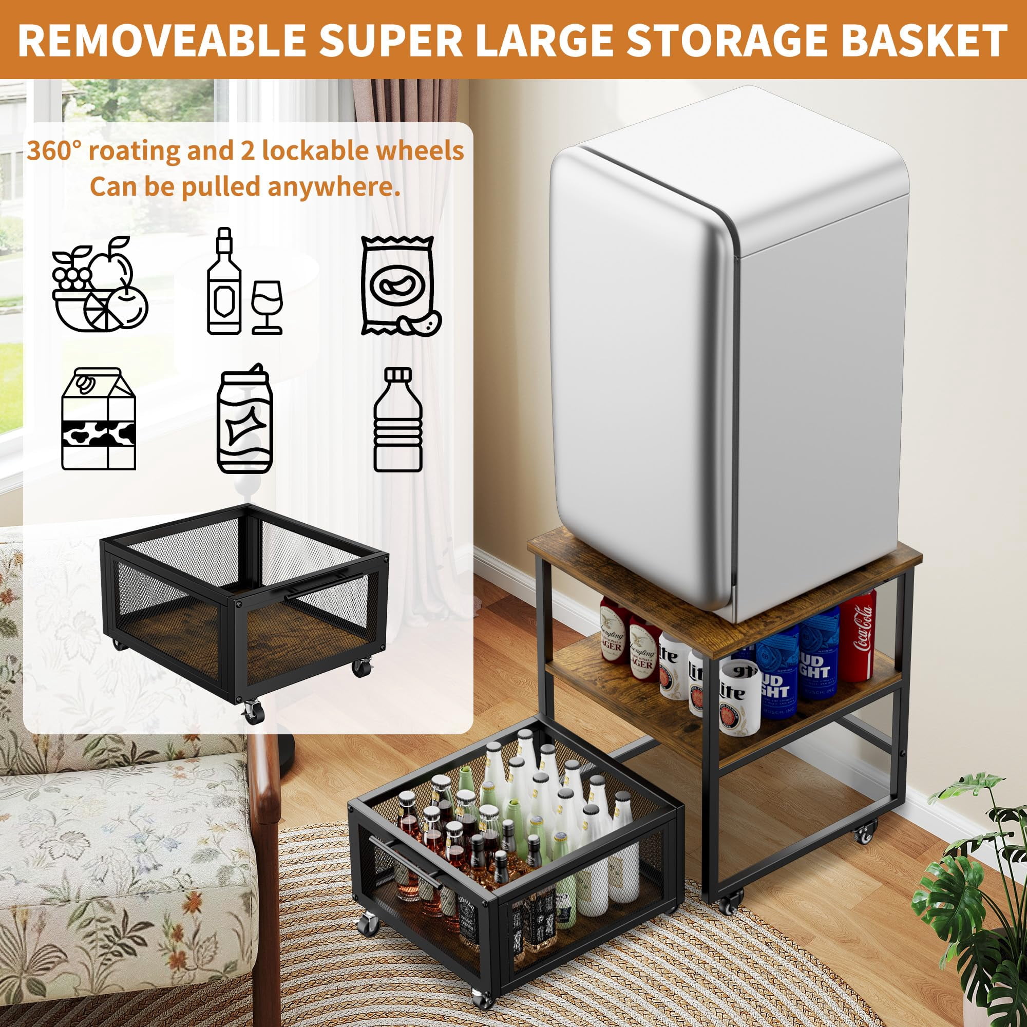 Lovote 21.7x21.7in Mini Fridge Stand with Lockable Wheels & Storage - 23.6" Ergonomic Height, 350lbs Capacity Heavy Duty Mobile Compact Fridge Shelf for Dorm, Office, Bedroom