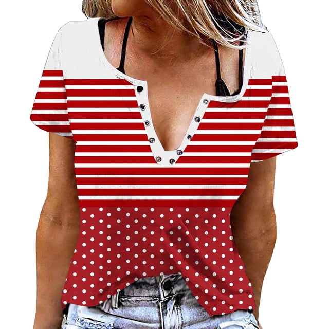 Camisas de Manga Corta para las Mujeres Casual Impresión No Estructurada Botón Arriba Cuello Redondo Blusa, Camiseta de Verano Top