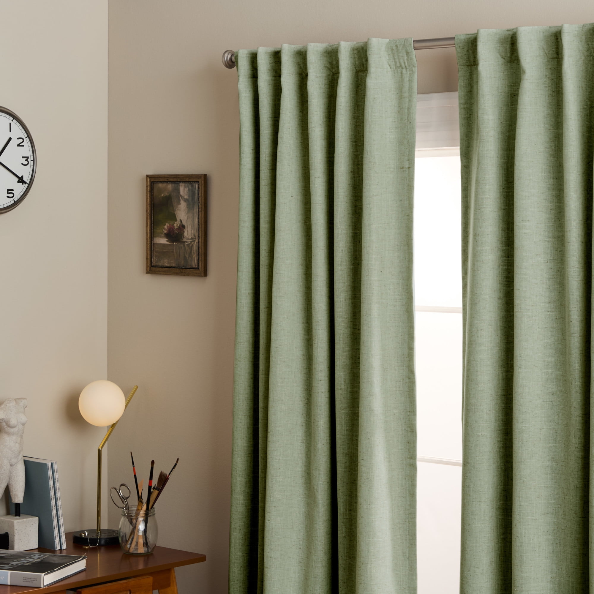 TOWN & COUNTRY LUXE Davos Solid Linen Texture Indoor Curtains, 100% Blackout with Energy Efficient Lining, Back Tab/Rod Pocket Top, 2-Pack Set, Sage Green, 50"x84"