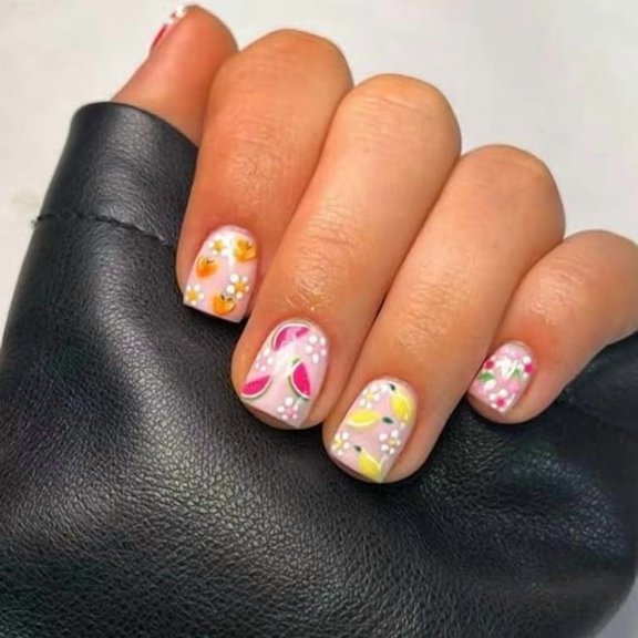 Summer Fruit Flower Press  Nails Short Square  Nails Watermelon Strawberry   Nails Cute Glossy Glue  Nails  Stick  Nails for Women
