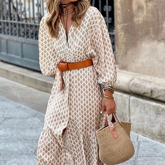 Stylish printed V-neck long dress with leather belt, simple and elegant