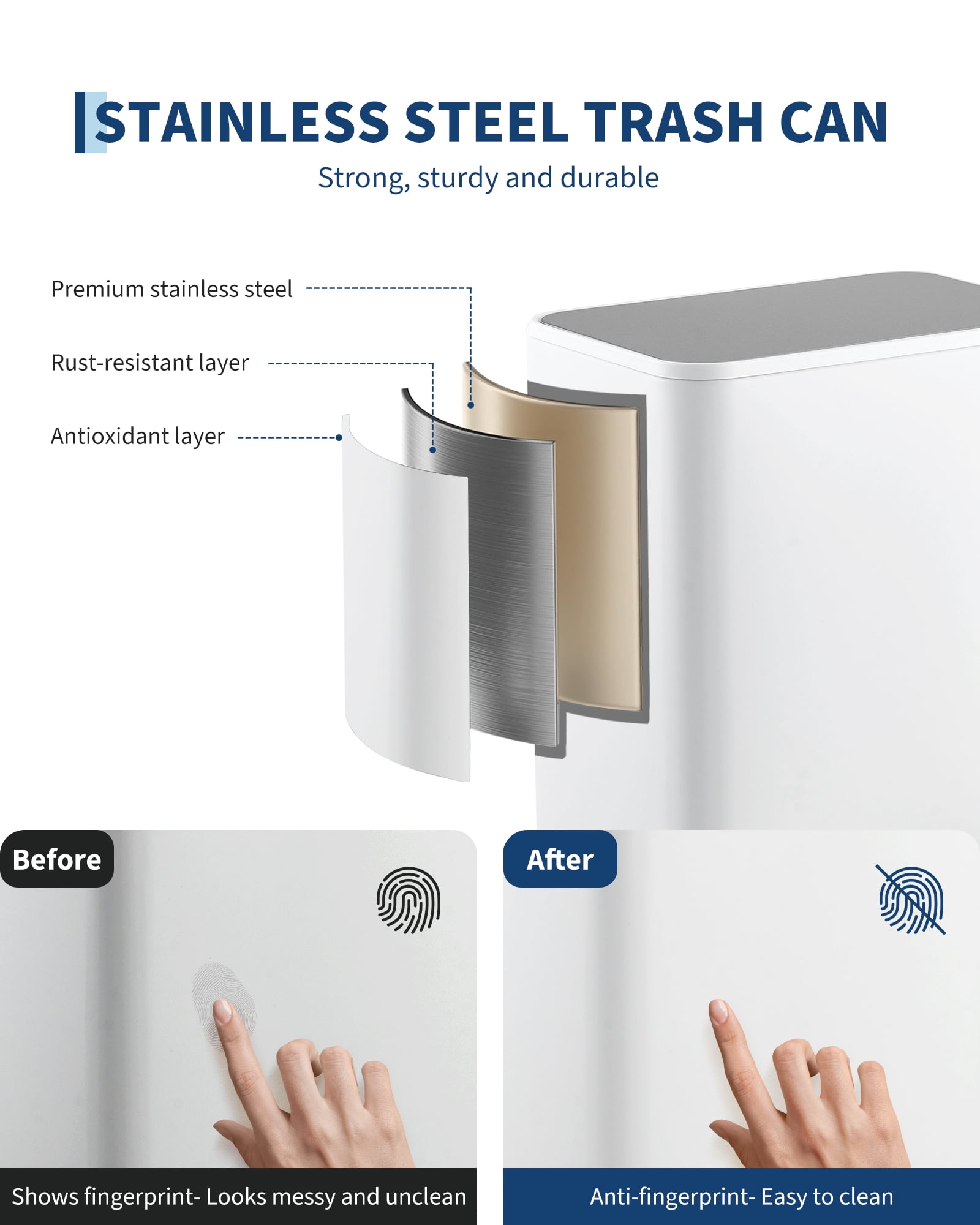 Babevy 15L Stainless Steel Trash Can, Rectangular Garbage Bin with Soft-Close Lid,for Kitchen, Bathroom, Office